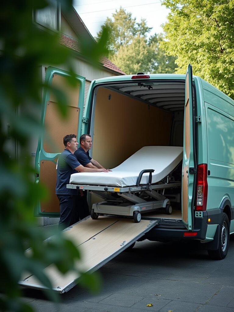 Reha-Hilfsmittel werden aus einem Transporter ausgeladen